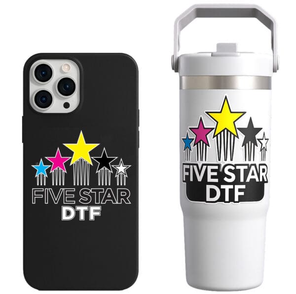 UV DTF sticker transfer applied to a tumbler and phone showing custom logo print