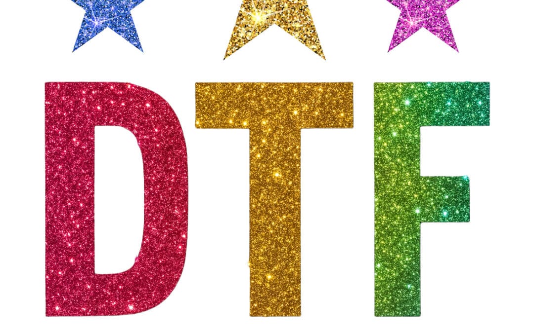 Glitter DTF transfers in Tempe Arizona with sparkly heat press film for shirts and apparel