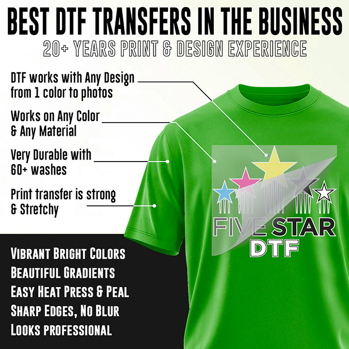DTF transfer instructions and troubleshooting guide showing how to apply and press DTF prints at Five Star DTF in Tempe, Arizona